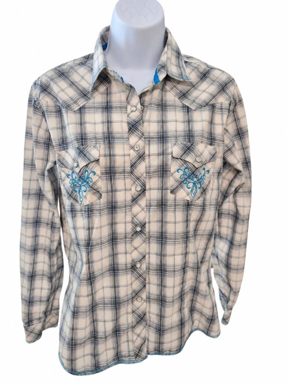 Rough Stock Womens S Blue Plaid Pearl Snap Western Shirt Embroidered Cowgirl